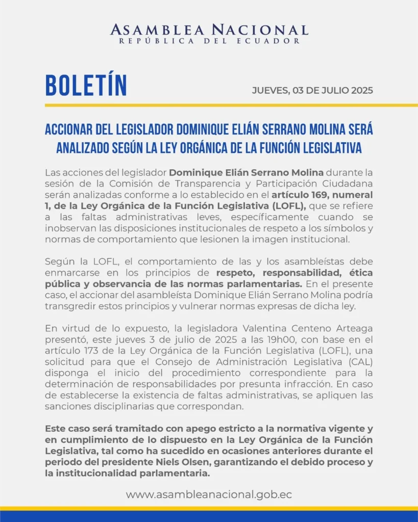 ADN pide sanción para su asambleísta Dominique Serrano