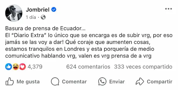 Mensaje de Jombriel en su cuenta oficial.