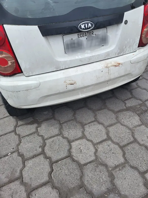 Vehículo del propietario del bulldog, con manchas de sangre en su parte posterior