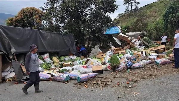 Accidente en Pallatanga: camión de legumbres se volcó