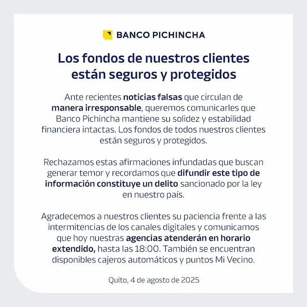 Comunicado oficial de Banco Pichincha.