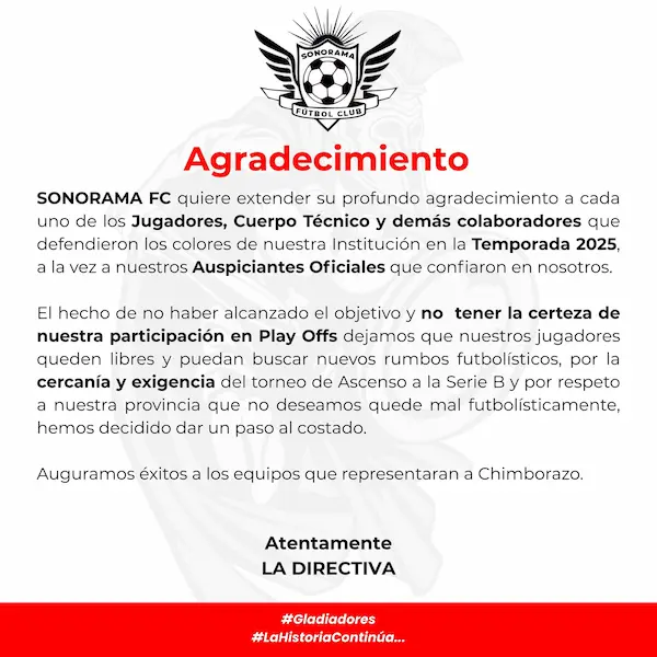 Comunicado oficial de Sonorama FC.