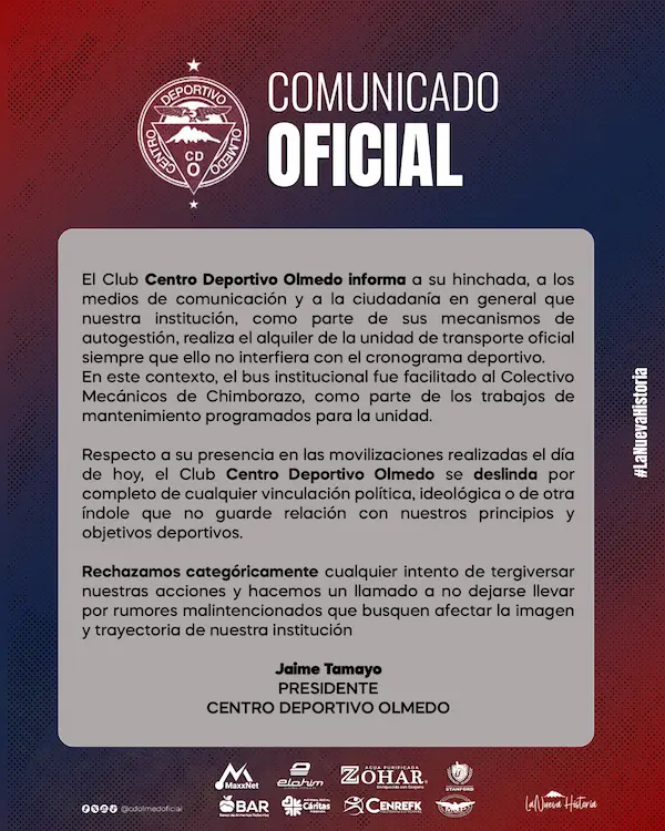 Olmedo aclara la situación con comunicado oficial.