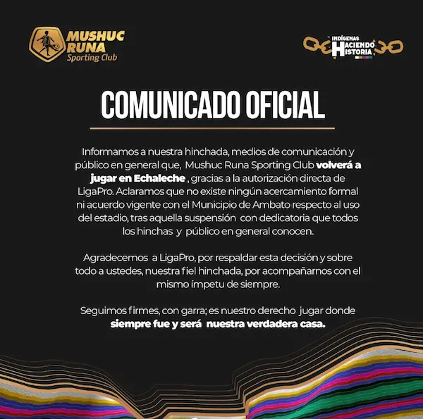 Comunicado oficial de Mushuc Runa.