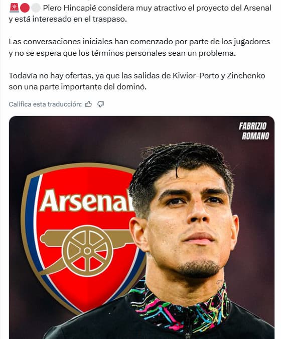 Post de Fabrizio Romano sobre Piero Hincapié.