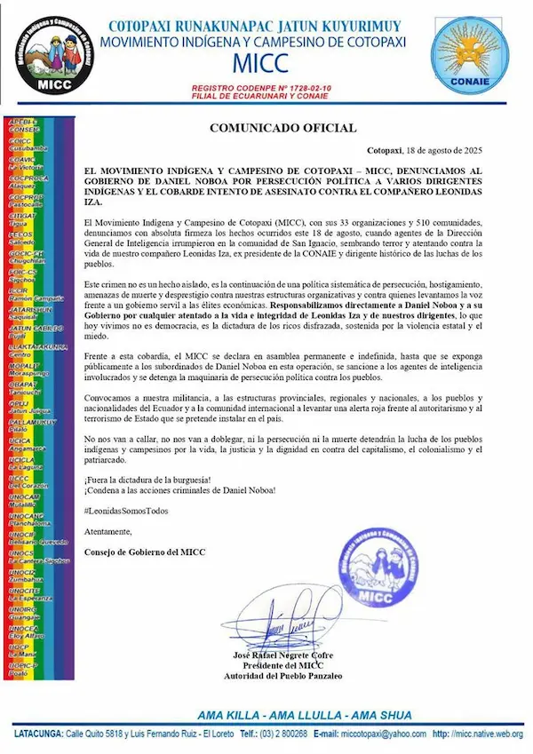 Comunicado oficial de la CONAIE