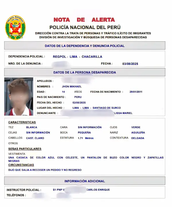 Ficha de reporte del menor desaparecido.