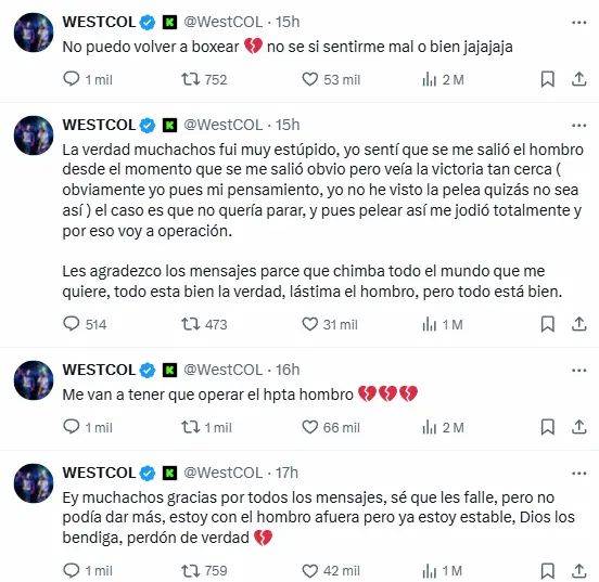 Mensajes de Westcol en X.