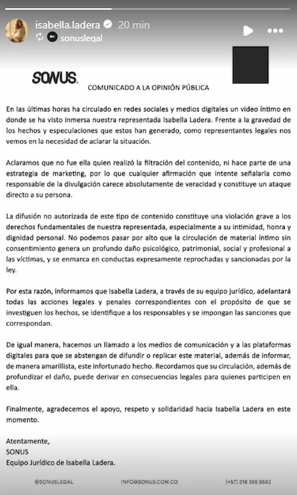 Comunicado de Isabella Ladera