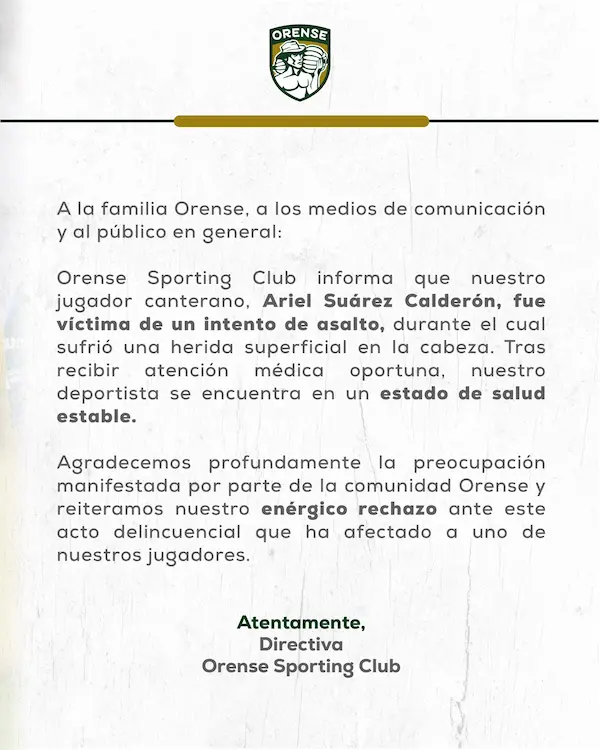 Comunicado sobre el ataque a jugador de Orense.