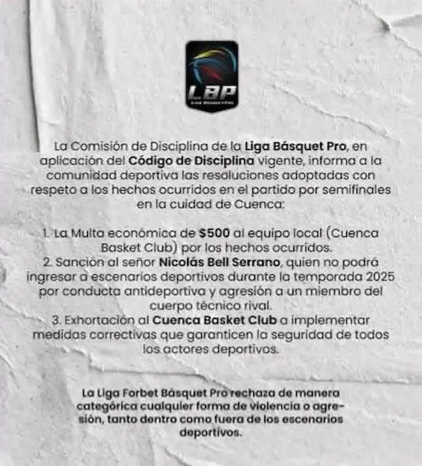 Comunicado de Liga Forbet Básquet Pro