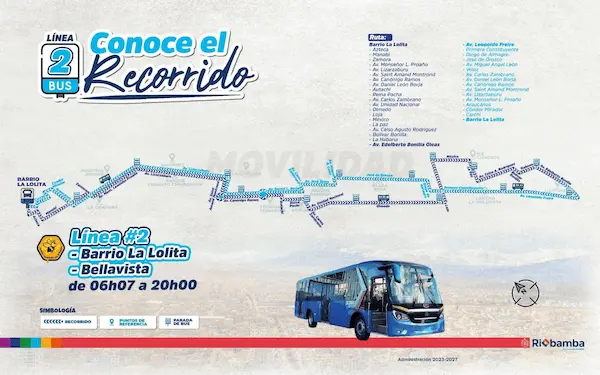 Ruta de la línea 2 de buses en Riobamba