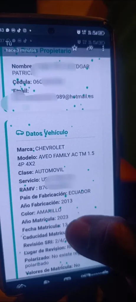 Datos del vehículo aprehendido
