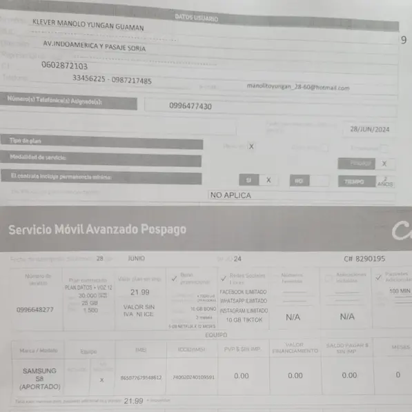 Contratos de los planes celulares otorgados con una dirección de Ambato, donde nunca estuvo ni vivió.