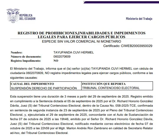 Certificado del Ministerio del Trabajo.