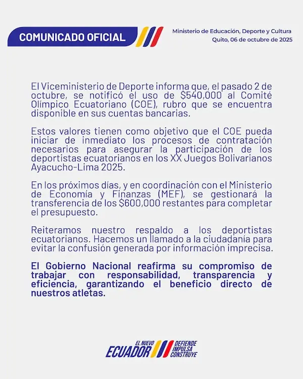 Comunicado del Ministerio del deporte.