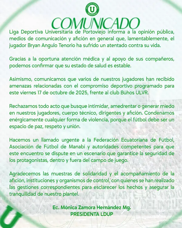 Comunicado oficial del club de Bryan Angulo.