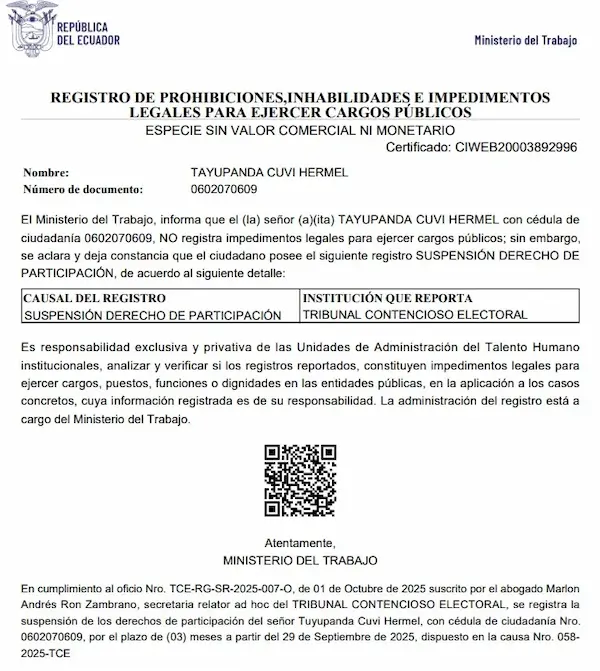 Documento que afirma que Hermel Tayupanda no tiene impedimentos legales para ejercer cargo público.