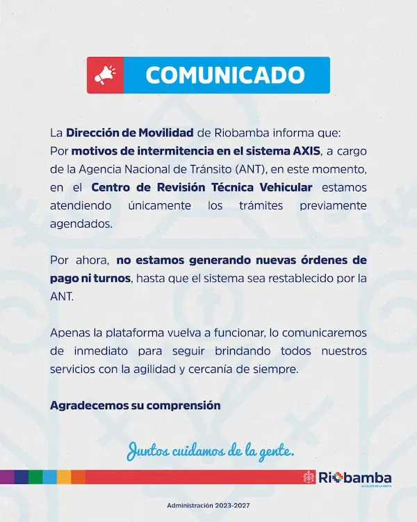 Intermitencias en el sistema AXIS afectan atención en Movilidad Riobamba