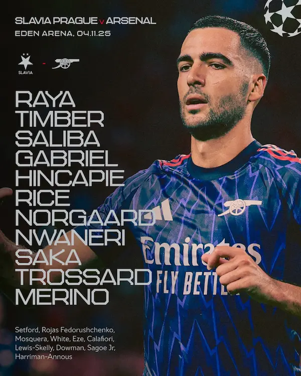 Piero Hincapié titular en el Slavia Praga vs Arsenal.