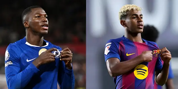 Chelsea vs Barcelona: Moisés Caicedo recibe a Lamine Yamal.