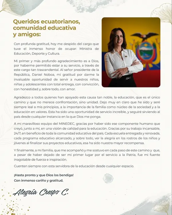 Renuncia de Alegría Crespo