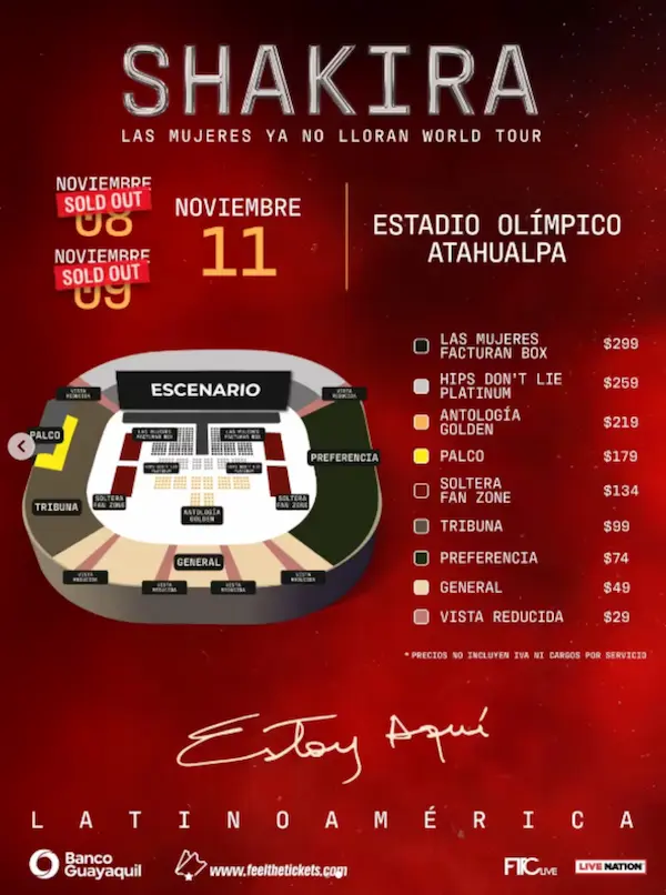 Locaciones de concierto de Shakira