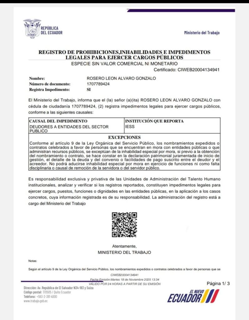 certificado que no puede ejercer cargo público el ministro de gobierno