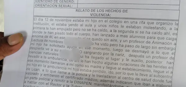 Parte de la denuncia interpuesta en la Junta Cantonal de Protección de Derechos