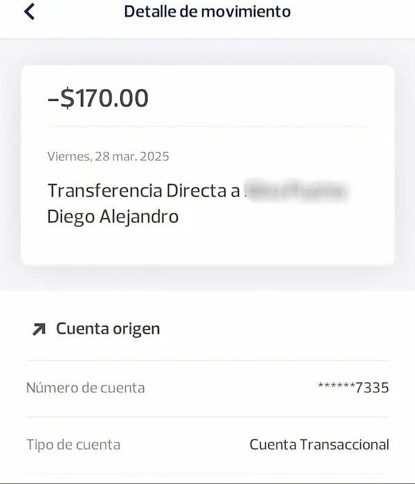 Depósito efectuado por USD 170 a nombre de Diego Alejandro... el resto afirma que lo entregó en efectivo