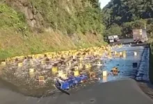 Camión cargado de cerveza sufre accidente y bloquea la vía