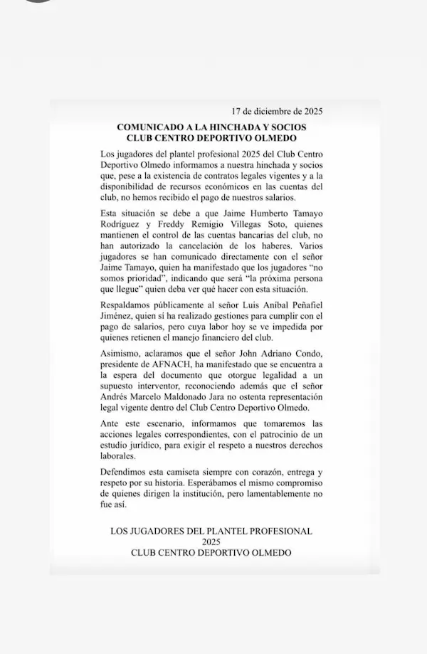 Mensaje de jugadores de Olmedo en redes.