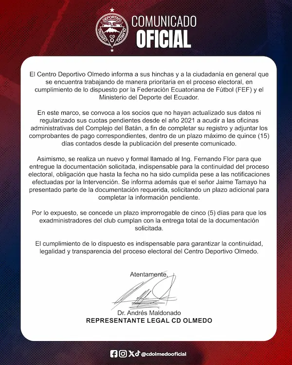Comunicado dirigido a hinchas y socios de Olmedo.