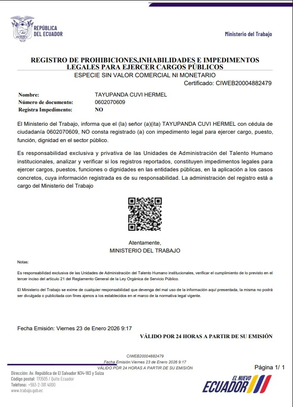 Certificado del Ministerio del Trabajo que habilita a Hermel Tayupanda.