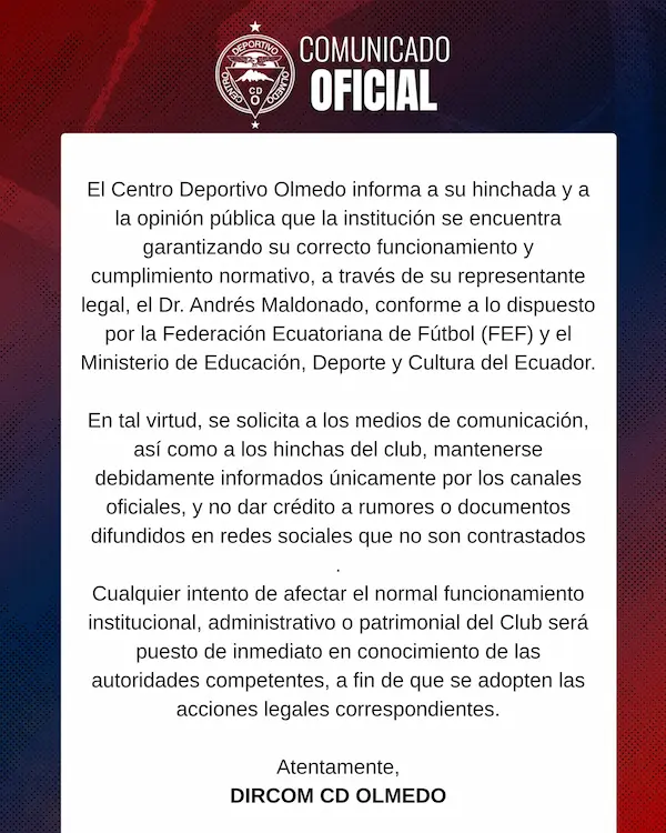 Comunicado oficial de Centro Deportivo Olmedo.