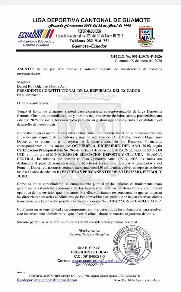 Documento envíado al presidente de la república, Daniel Noboa.