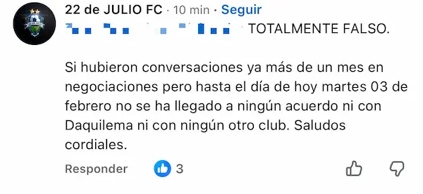 Pronunciamiento oficial del equipo.