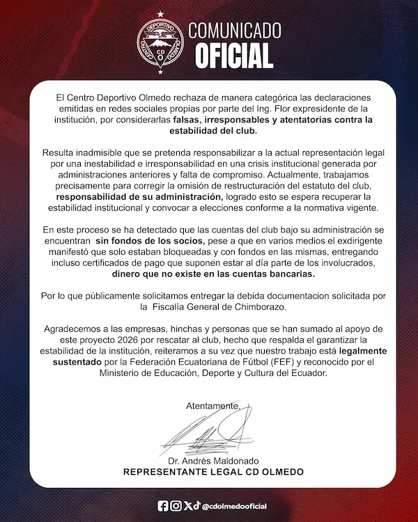 Comunicado firmado por el interventor del club.
