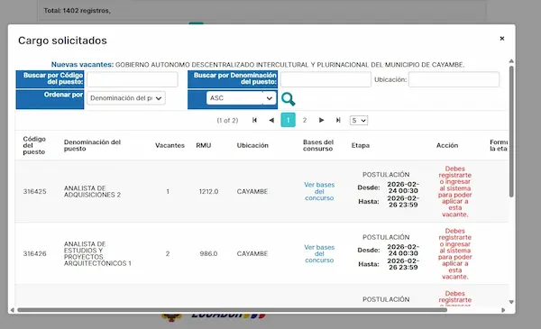 Vacantes disponibles en el Municipio de Cayambe. Créditos captura de pantalla del portal Encuentra Empleo.