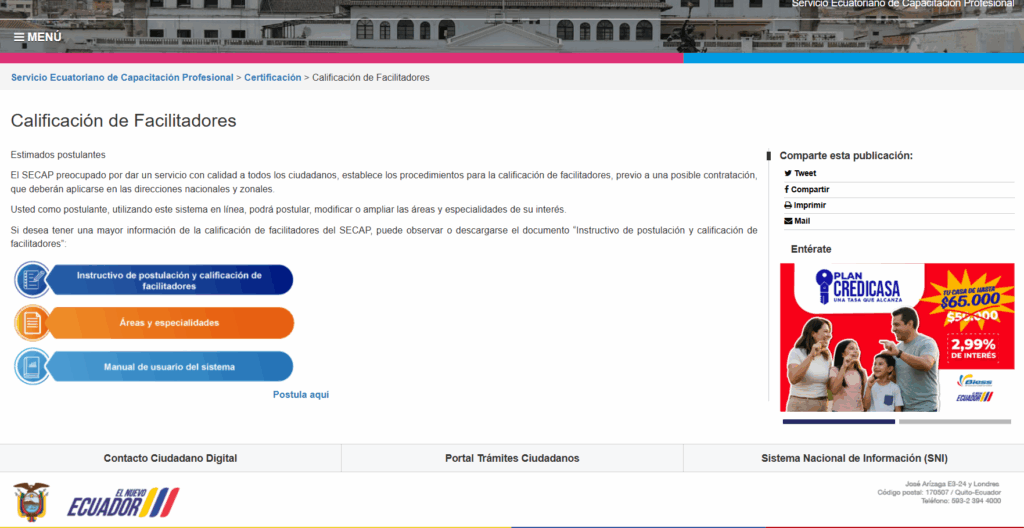 Así es la página de inicio del Secap para postular