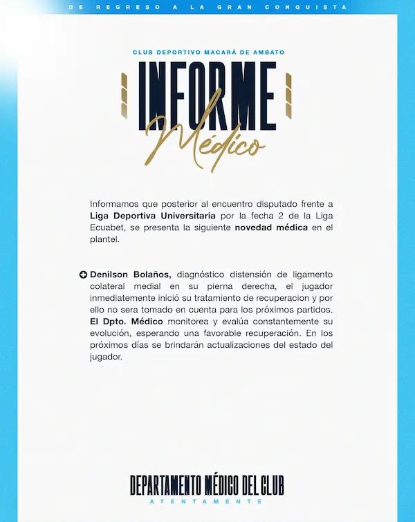 Informe médico de Denilson Bolaños.